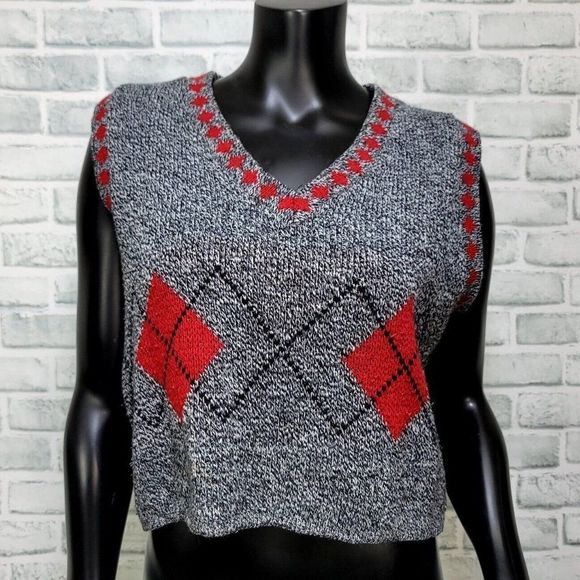 Vintage 90s Croquet Club Womens L‎ Grey Argyle Knit Cropped Sweater Vest Preppy - Picture 1 of 7